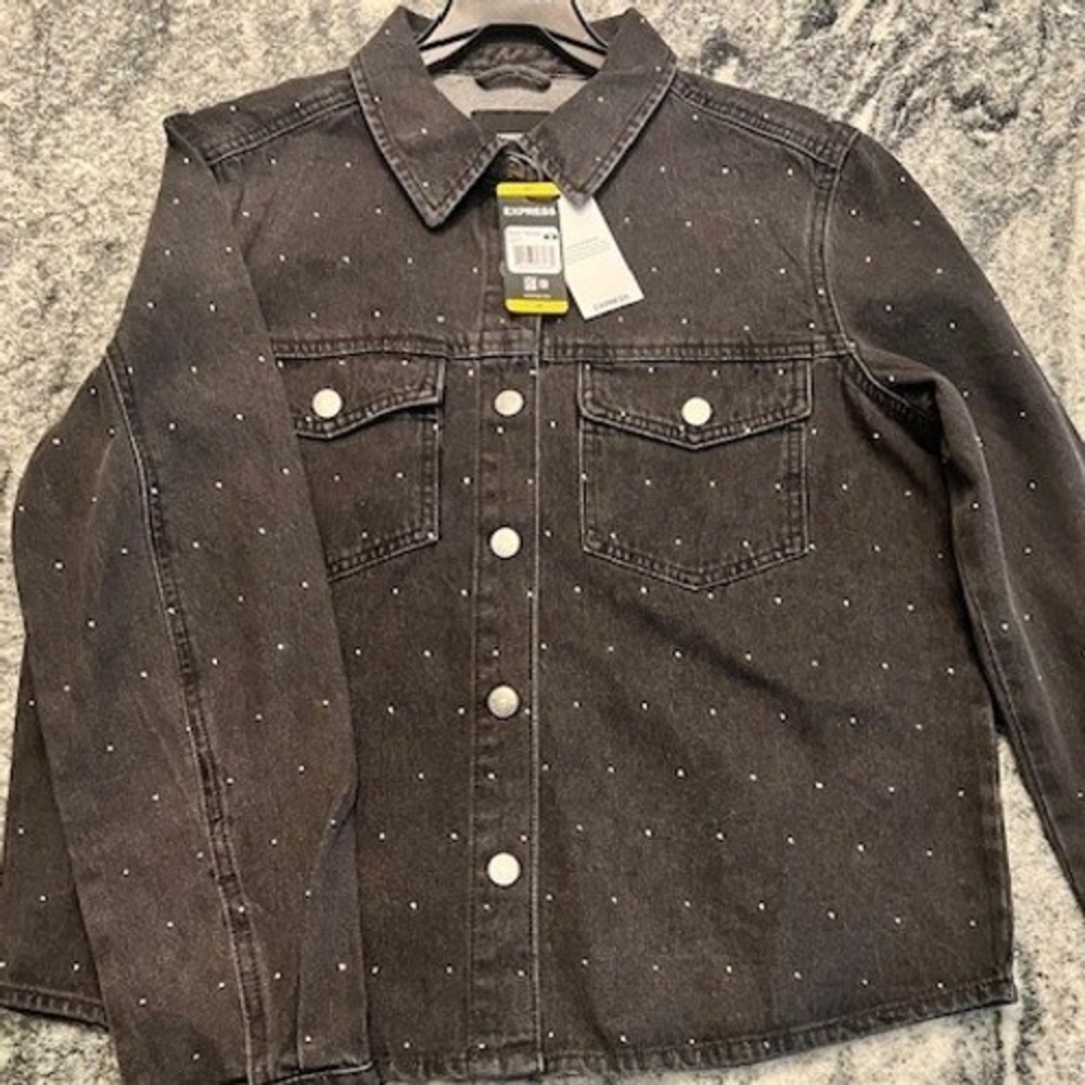Express Denim Jacket Womens Medium Black Rhinestone Embellished EX010032